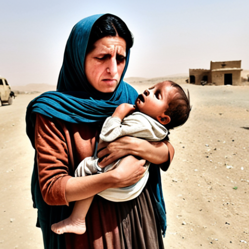 **Prompt:** "A poignant scene of extreme poverty and hunger in Afghanistan. An emaciated Afghan mother cradles her starving child, surrounded by other desperate families in a desolate, dusty landscape. Emphasize their struggle for basic sustenance and the overwhelming food scarcity."