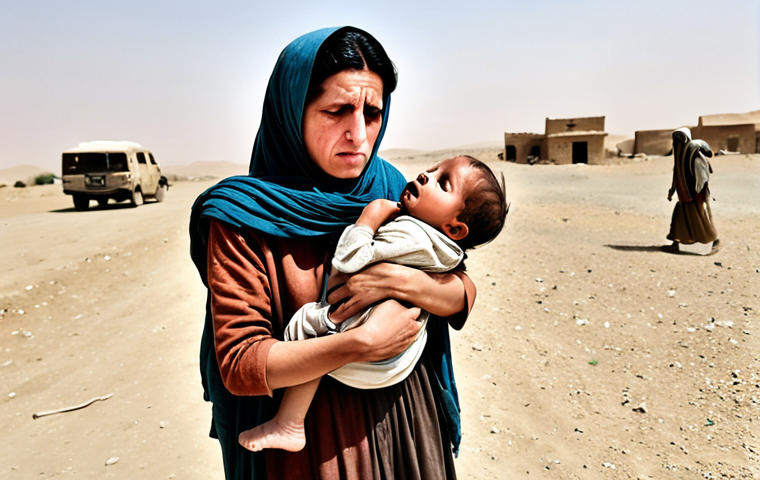 **Prompt:** "A poignant scene of extreme poverty and hunger in Afghanistan. An emaciated Afghan mother cradles her starving child, surrounded by other desperate families in a desolate, dusty landscape. Emphasize their struggle for basic sustenance and the overwhelming food scarcity."