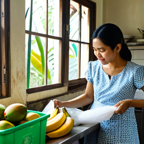 Home 12 **
A Thai woman in her 30s, wearing a stylish, modest cotton dress with traditional Thai patterns, is carefully separating recyclable waste (paper, plastic bottles) into labeled bins in a bright, modern Thai kitchen. Sunlight streams through the window. Baskets overflowing with fresh local produce (mangoes, bananas, vegetables from a Thai market) are on the counter. safe for work, appropriate content, fully clothed, professional, perfect anatomy, natural proportions, high quality, focus on sustainability.
**
