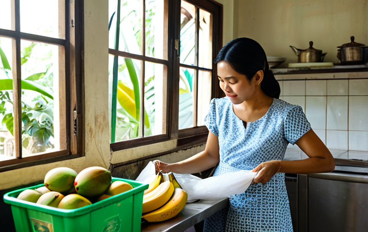 **
A Thai woman in her 30s, wearing a stylish, modest cotton dress with traditional Thai patterns, is carefully separating recyclable waste (paper, plastic bottles) into labeled bins in a bright, modern Thai kitchen. Sunlight streams through the window. Baskets overflowing with fresh local produce (mangoes, bananas, vegetables from a Thai market) are on the counter. safe for work, appropriate content, fully clothed, professional, perfect anatomy, natural proportions, high quality, focus on sustainability.
**