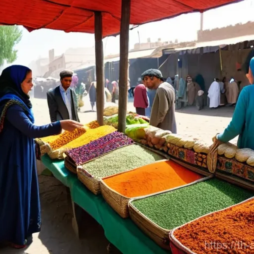 아프가니스탄 언어 - **A Vibrant Dari Market Scene:**
A bustling, sun-drenched traditional Afghan market scene, alive...