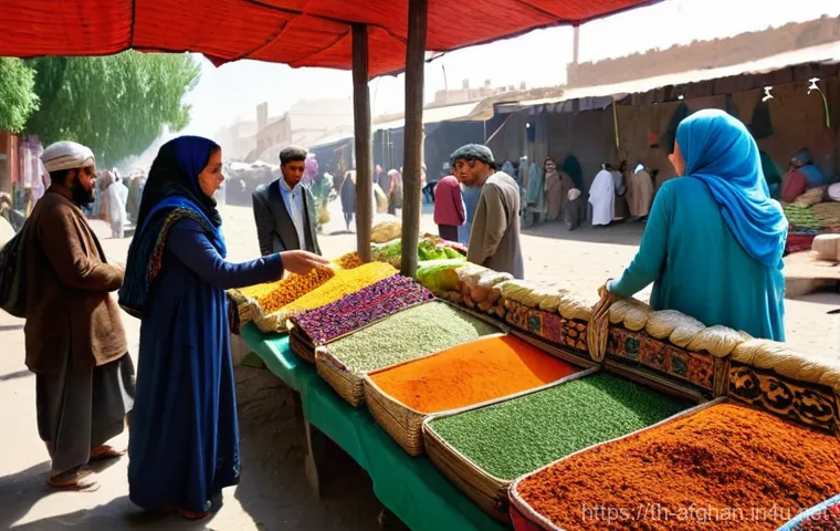 아프가니스탄 언어 - **A Vibrant Dari Market Scene:**
A bustling, sun-drenched traditional Afghan market scene, alive...