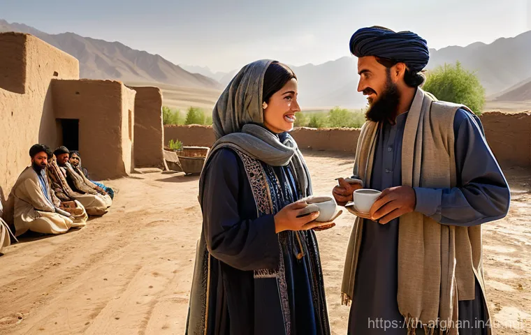 아프가니스탄 민족 구성 - **A group of Pashtun individuals in a traditional Afghan village, embodying the spirit of Pashtunwal...