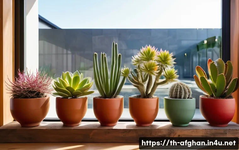 사막 기후 적응 식물 - **A Vibrant Desert Oasis Indoor Garden:** A beautifully arranged indoor desert garden in a warm, inv...