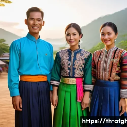 민족 언어와 사용률 - A vibrant northern Thai village scene during a traditional festival, featuring local people dressed ...