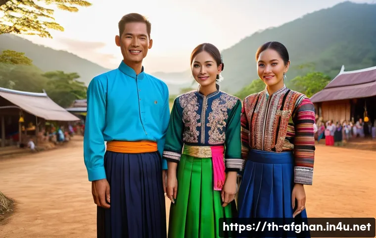 민족 언어와 사용률 - A vibrant northern Thai village scene during a traditional festival, featuring local people dressed ...