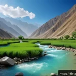 아프가니스탄 강과 호수 - A pristine mountain valley in Afghanistan featuring a crystal-clear river flowing gently over smooth...