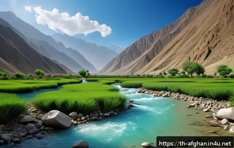 아프가니스탄 강과 호수 - A pristine mountain valley in Afghanistan featuring a crystal-clear river flowing gently over smooth...