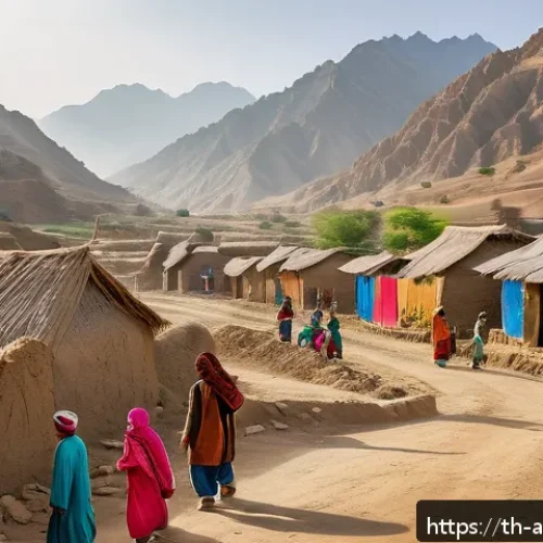 아프가니스탄 현대 사회 이슈 - A detailed scene showing a rural Afghan village during the day, with local men and women wearing tra...