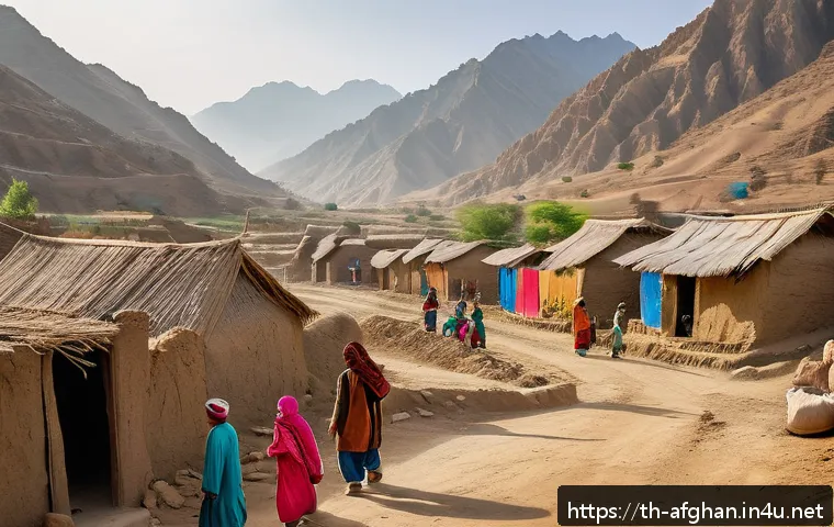 아프가니스탄 현대 사회 이슈 - A detailed scene showing a rural Afghan village during the day, with local men and women wearing tra...