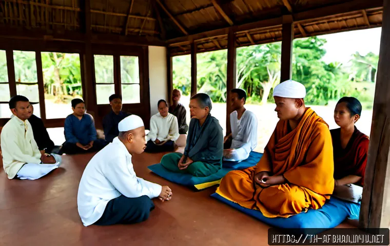 종교적 갈등과 폭력 사례 - Photorealistic documentary-style scene in southern Thailand, a peaceful interfaith community meeting...