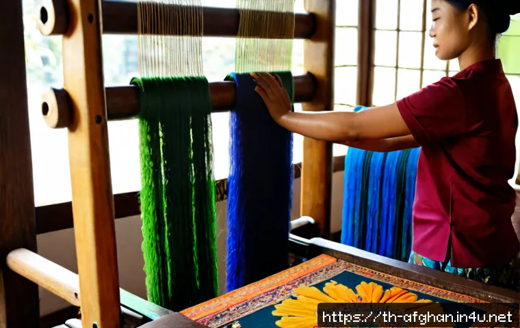 Home 17 장식 카펫의 제작 과정 - Photorealistic Thai artisan hand-knotting a decorative carpet on a large upright wooden loom in a br...